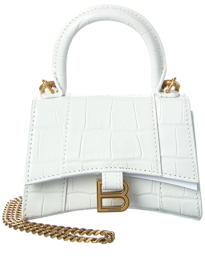 Balenciaga Hourglass Mini Top Handle Croc-embossed Leather Crossbody In White