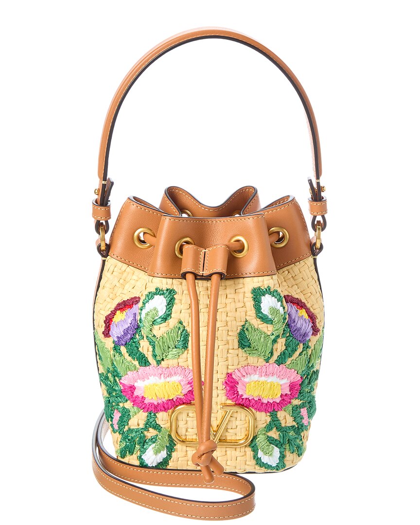 Valentino Garavani Valentino Vlogo Signature Mini Straw & Leather Bucket Bag In Brown