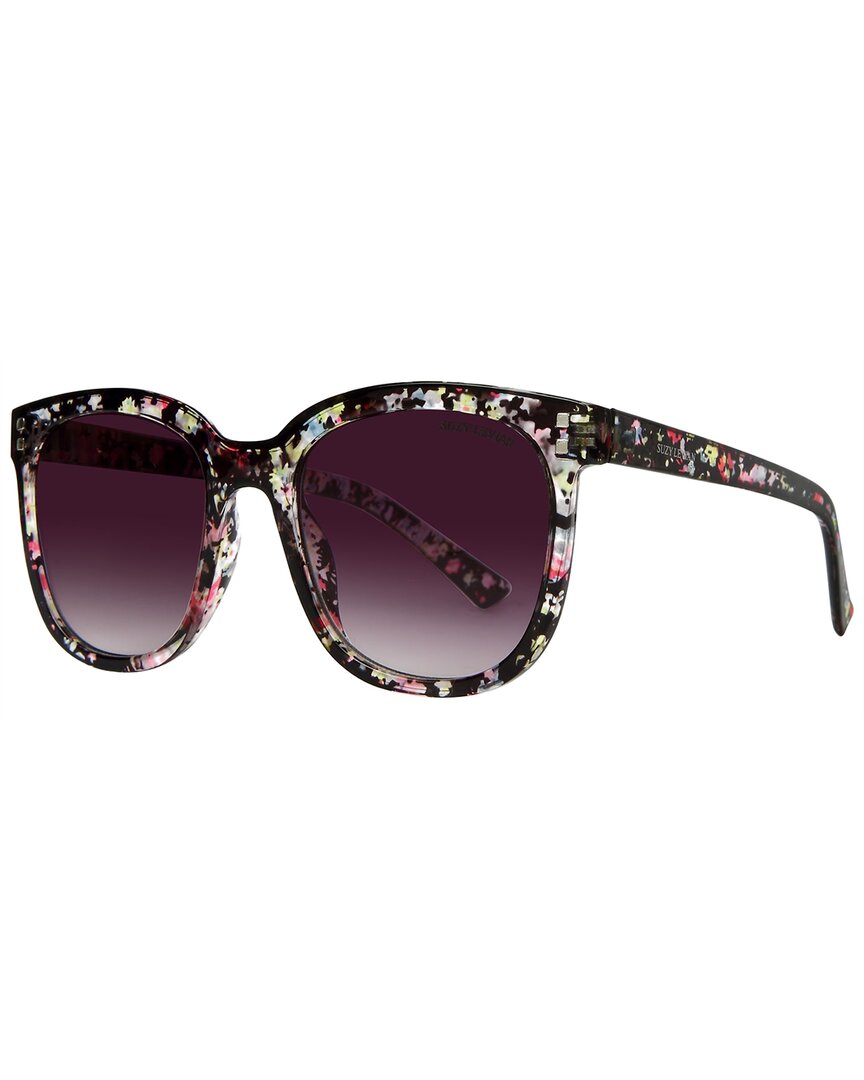 Suzy Levian Women's Black Floral Square Lens Silver Accent Sunglasses