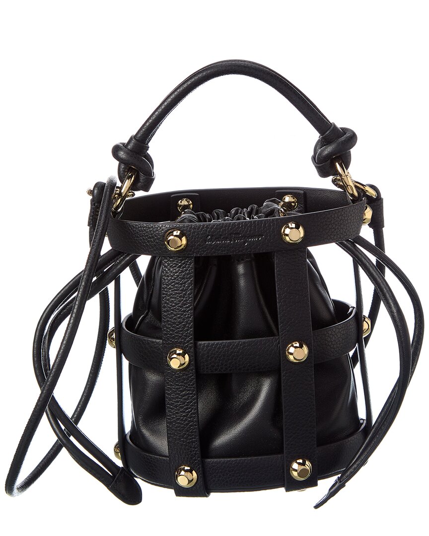 Ferragamo Cage Small Leather Bucket Bag In Black