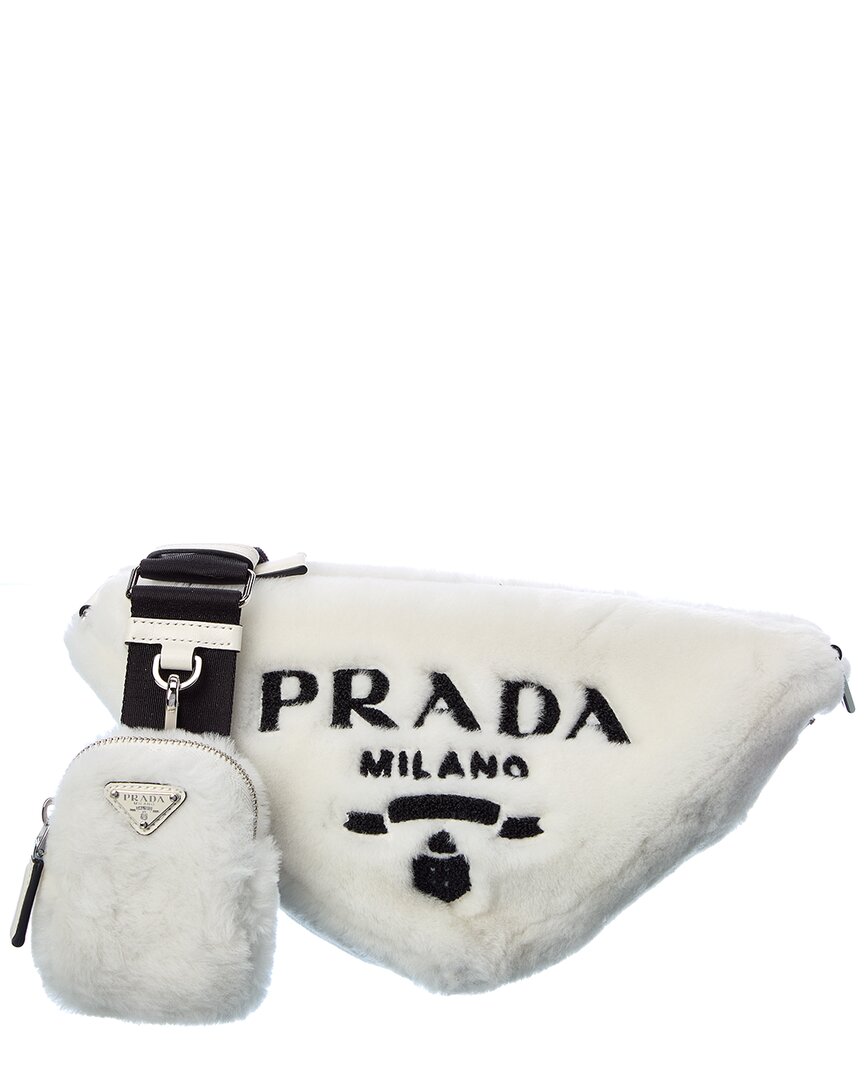 Prada Logo Shearling Crossbody In White ModeSens