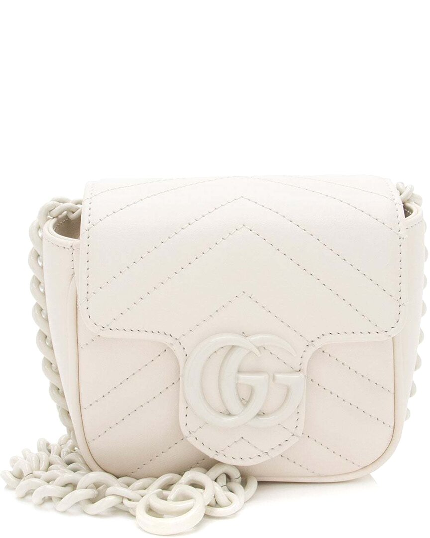 Gucci White Matelasse Leather Gg Marmont Monochrome Square Chain Belt Bag (authentic Pre-loved)