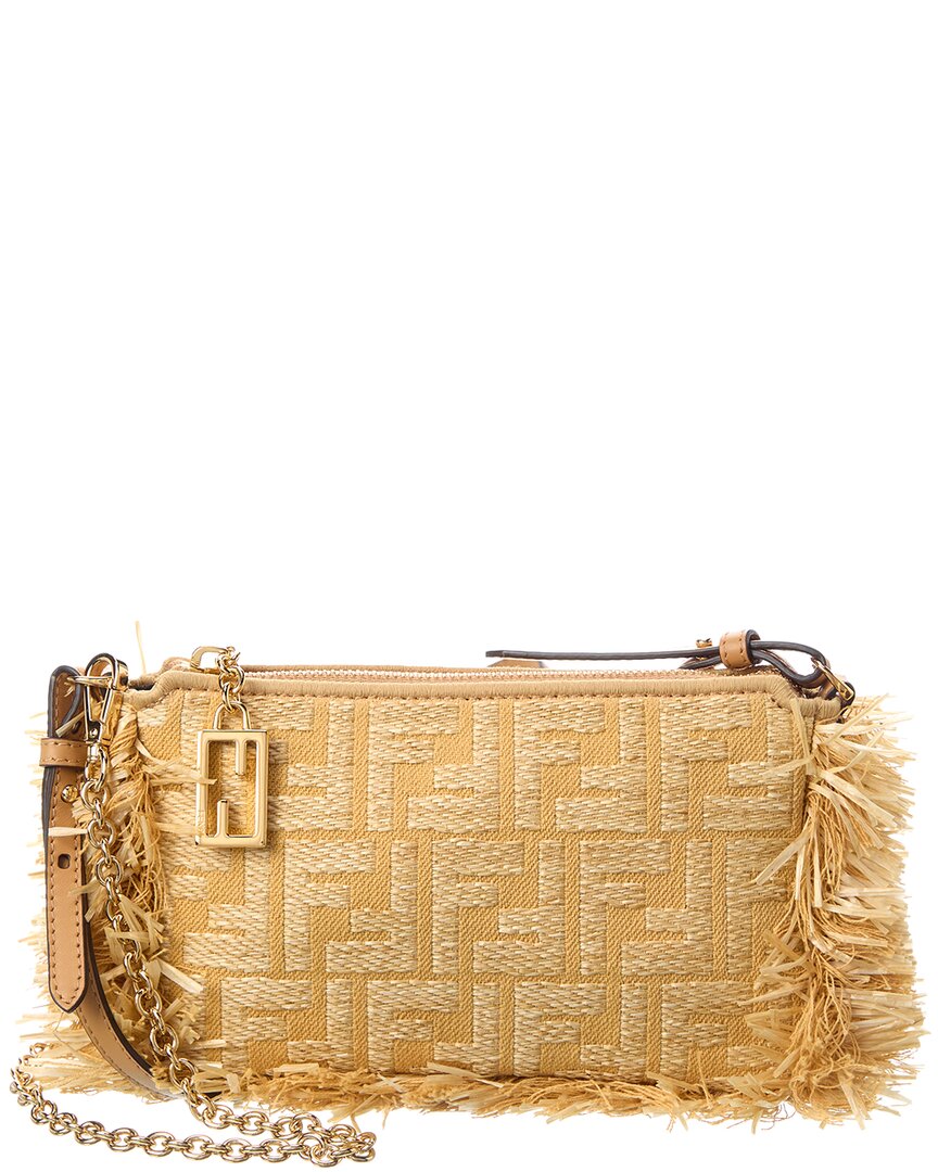 Fendi Baguette Ff Jacquard & Raffia Pouch In Sand