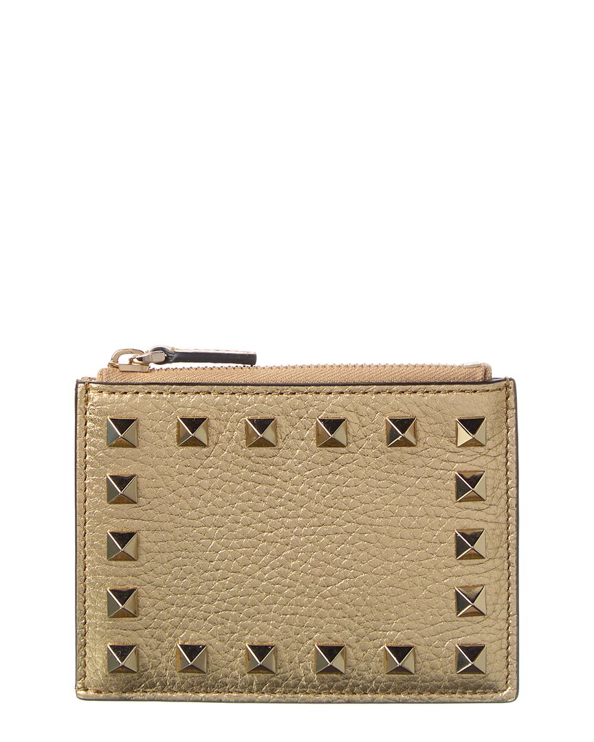 Valentino Rockstud Grainy Leather Card Holder In Brown