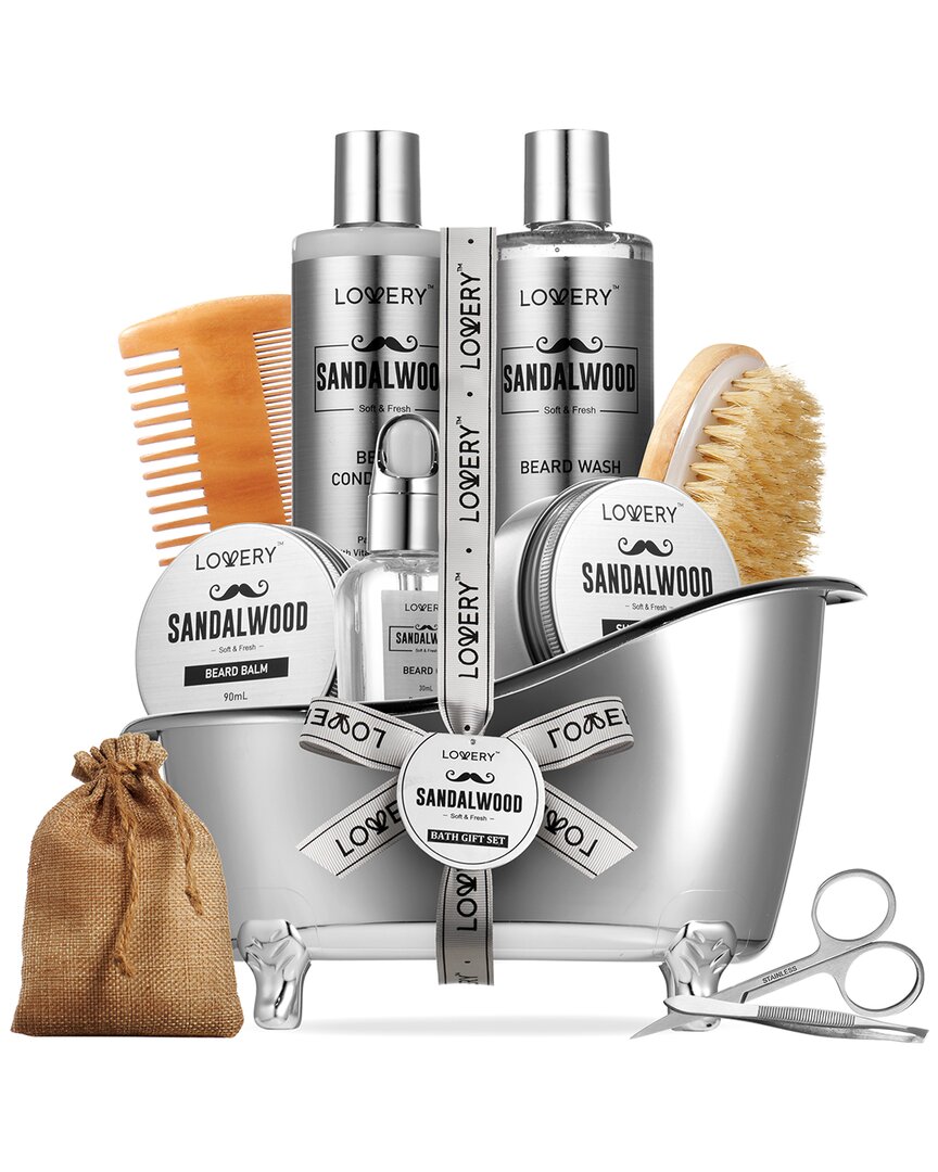Lovery Luxury Silver Mens Bath And Body Gift Set, Sandalwood Self Care Beard Grooming Kit