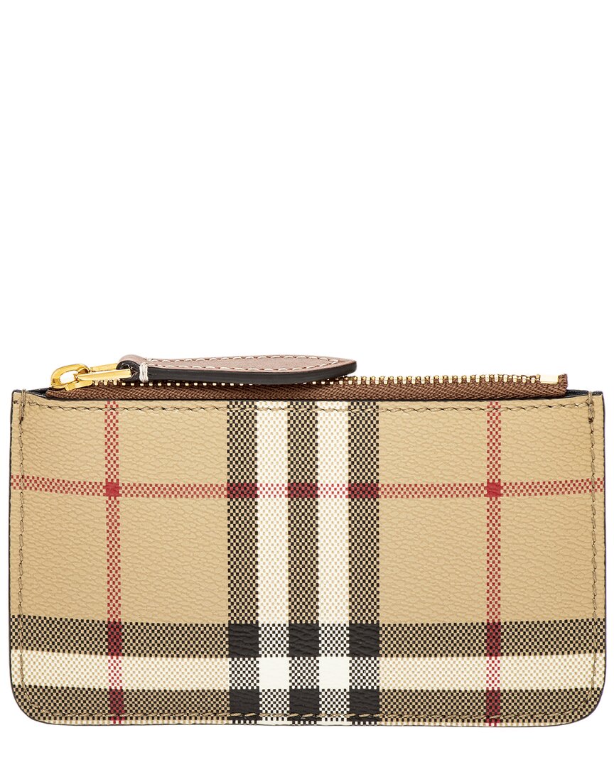 Burberry Check E-canvas & Leather Coin Case With Strap In Beige