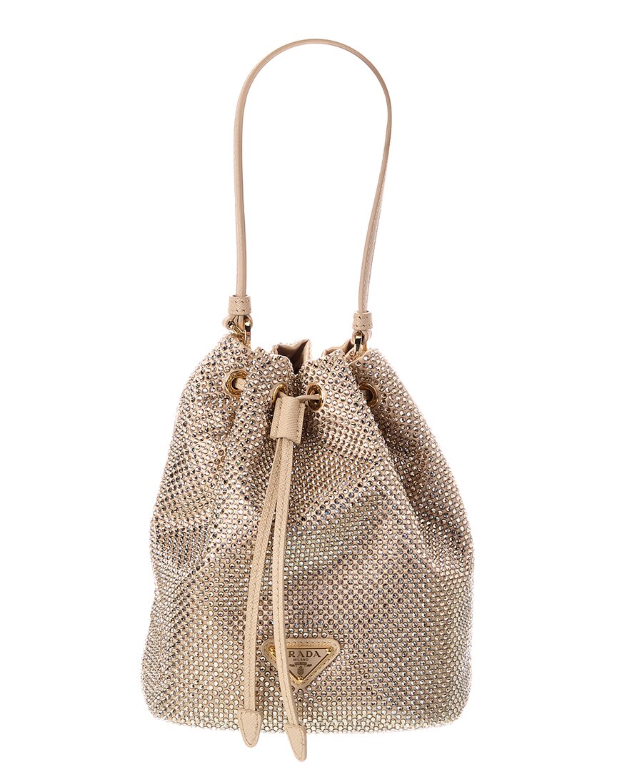 Prada Crystal-studded Mini Satin Bucket Bag In Sand