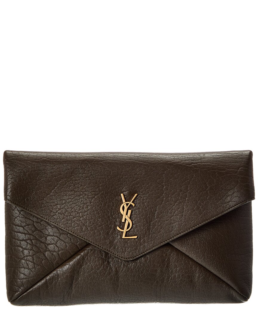 Saint Laurent Cassandre Large Leather Envelope Pouch In Brown