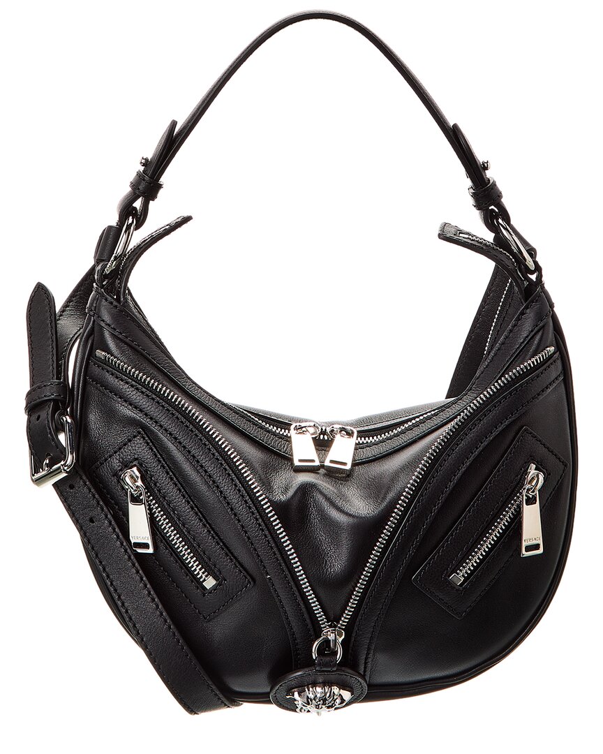 Shop Versace Repeat Small Leather Hobo Bag In Black