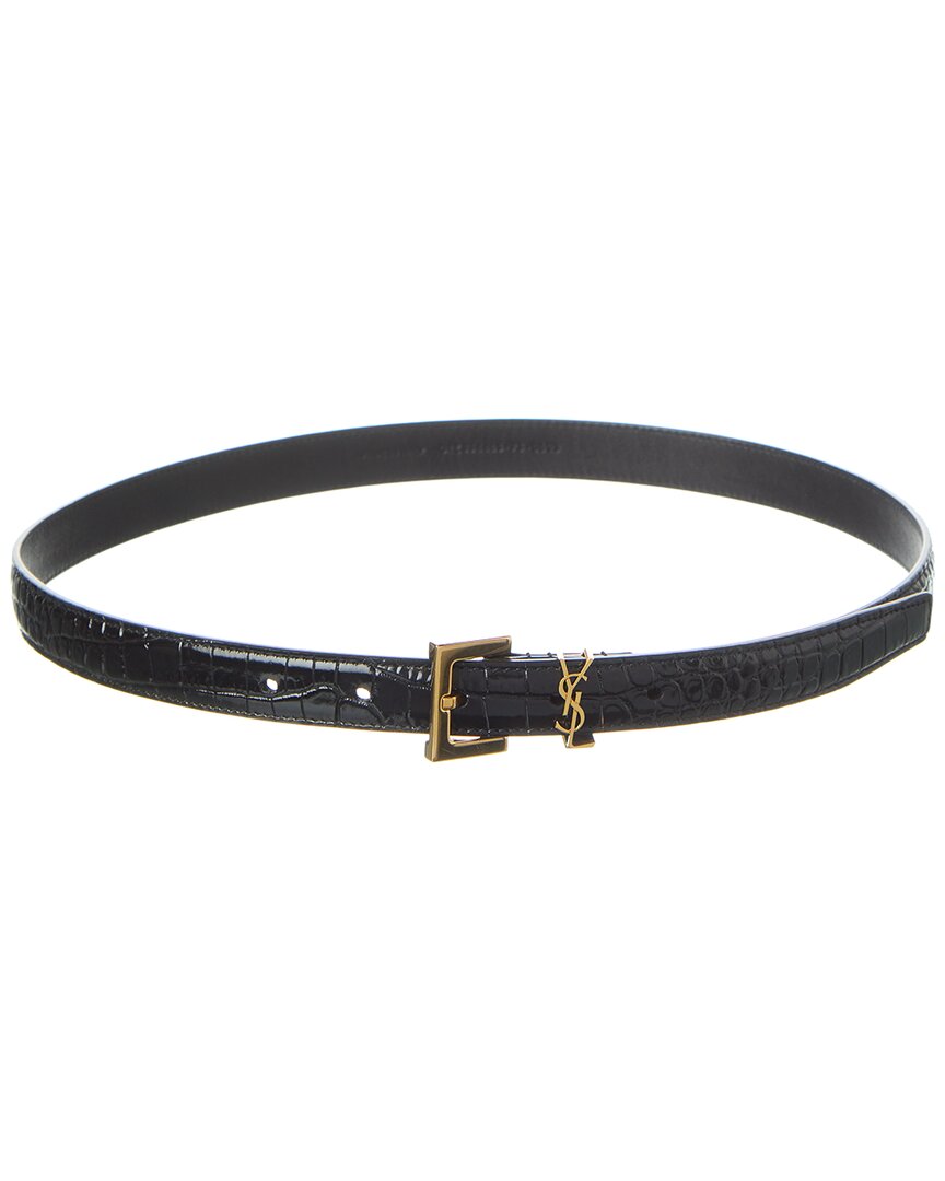 Saint Laurent Cassandre Croc-embossed Leather Belt In Black