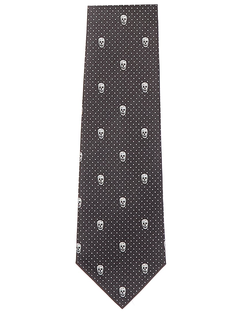 Alexander Mcqueen Skull Polka Dots Silk Tie In Brown