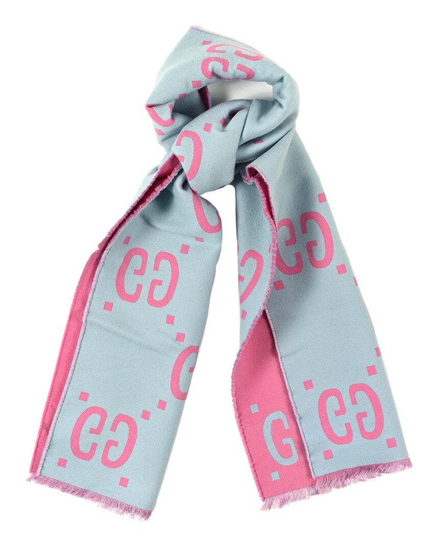 Gucci Wool Silk Monogram Jumbo Gg Freedom Scarf (authentic Pre-loved) In Blue