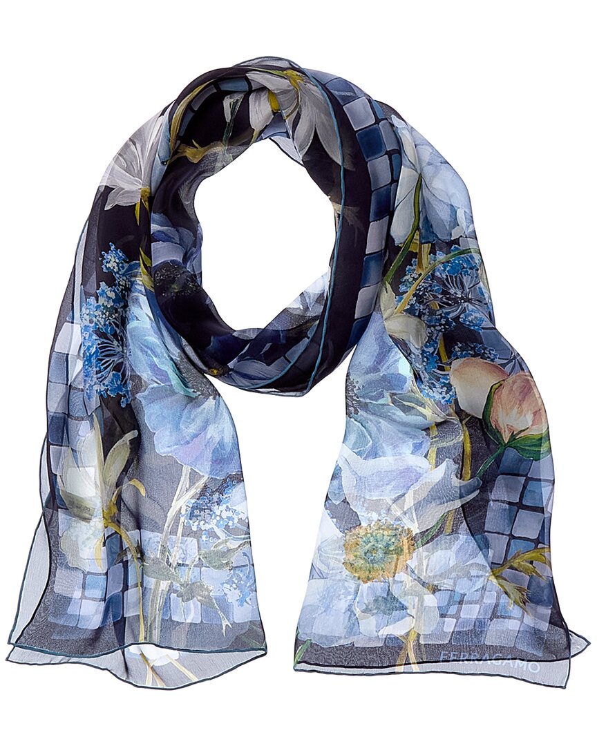 Ferragamo Fiori Print Silk Scarf In Blue