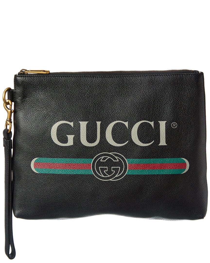 Gucci Logo Printed Leather Wristlet In Black