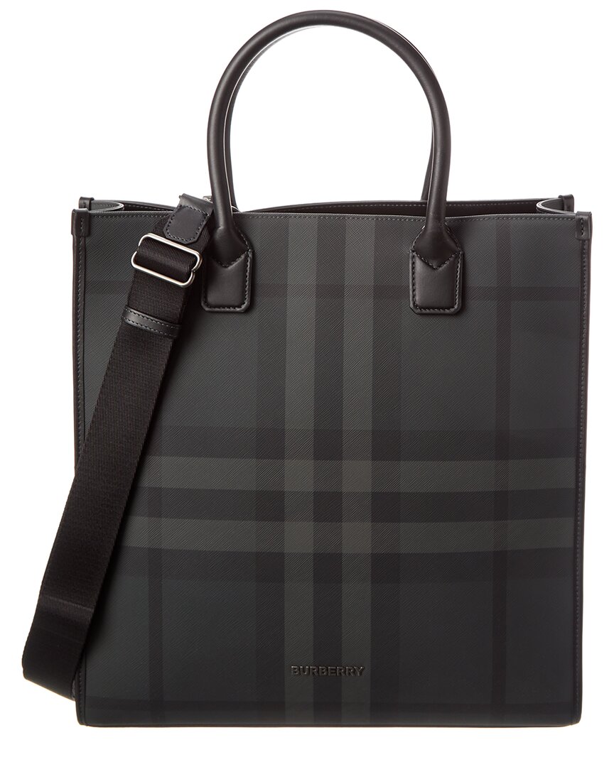 Shop Burberry Slim Vertical Denny Canvas Leather-trim Tote In Grey