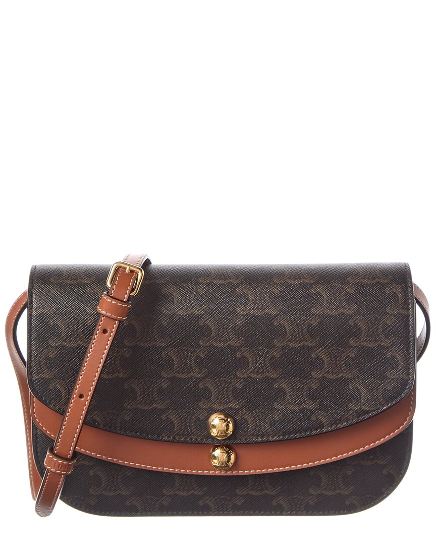 Celine Duo Triomphe Coated Canvas & Leather Wallet On Strap In Brown