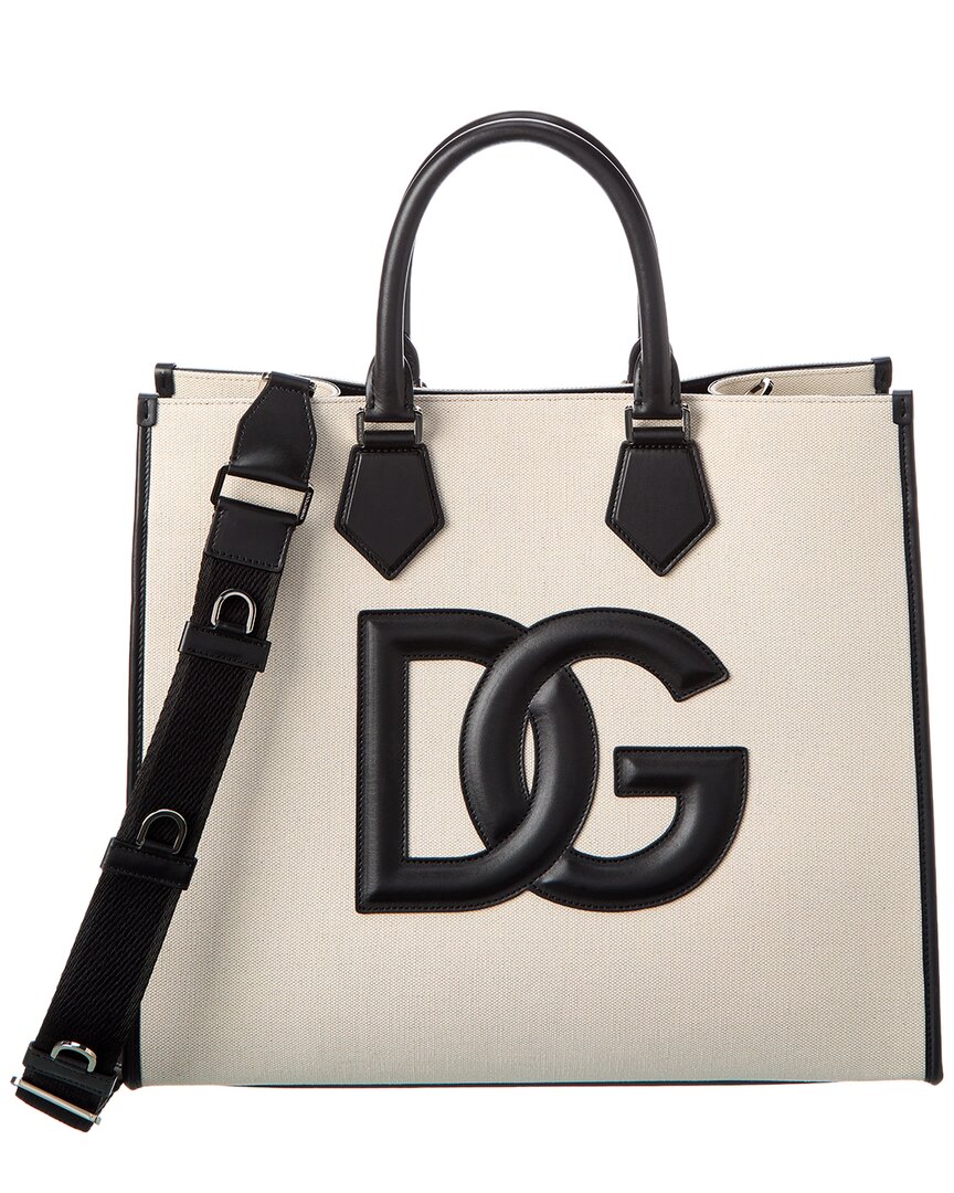 Dolce & Gabbana Dg Logo Canvas & Leather Tote In White