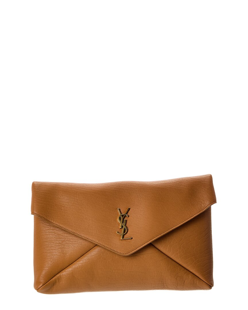 Saint Laurent Cassandre Large Leather Envelope Pouch In Orange