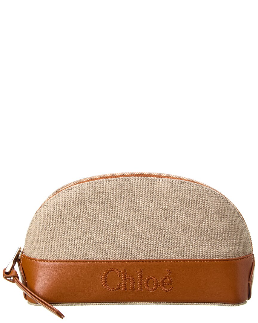 Chloé Sense Linen & Leather Makeup Bag In Brown
