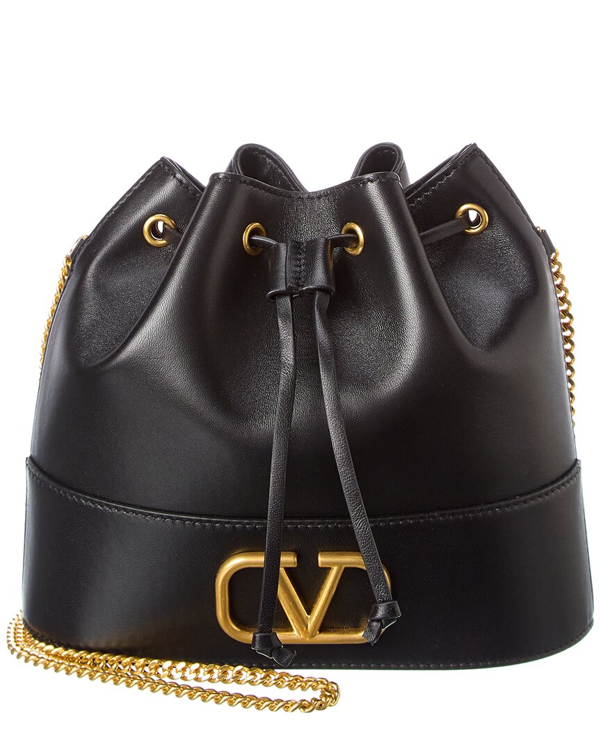 Valentino Black Leather Bucket Bag With Chain In Black