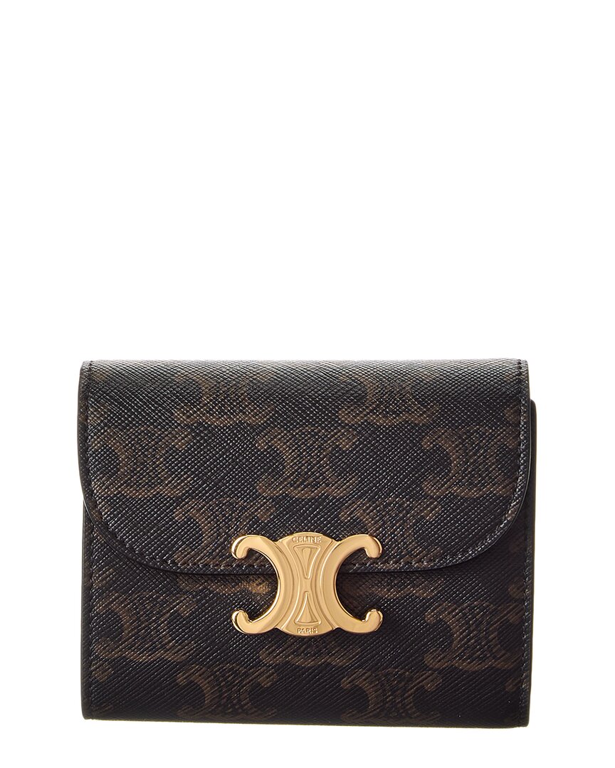 Celine Small Flap Triomphe Canvas & Leather Wallet In Brown