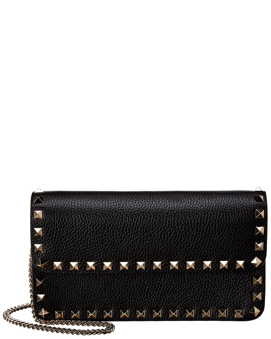 Shop Valentino Rockstud Grainy Leather Wallet On Chain In Black