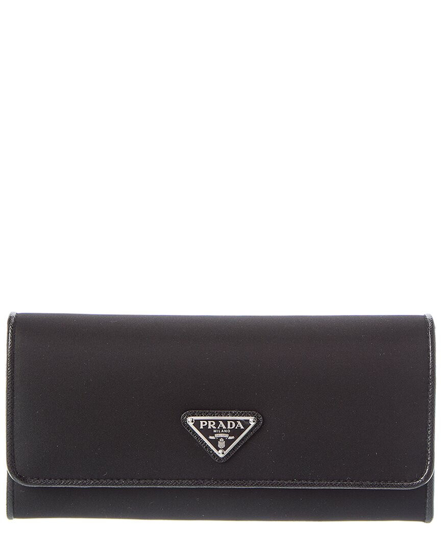 Prada Logo Nylon & Leather Continental Wallet In Black