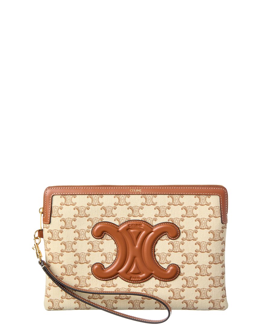 Celine Small Triomphe Canvas & Leather Pouch With Strap In Multi