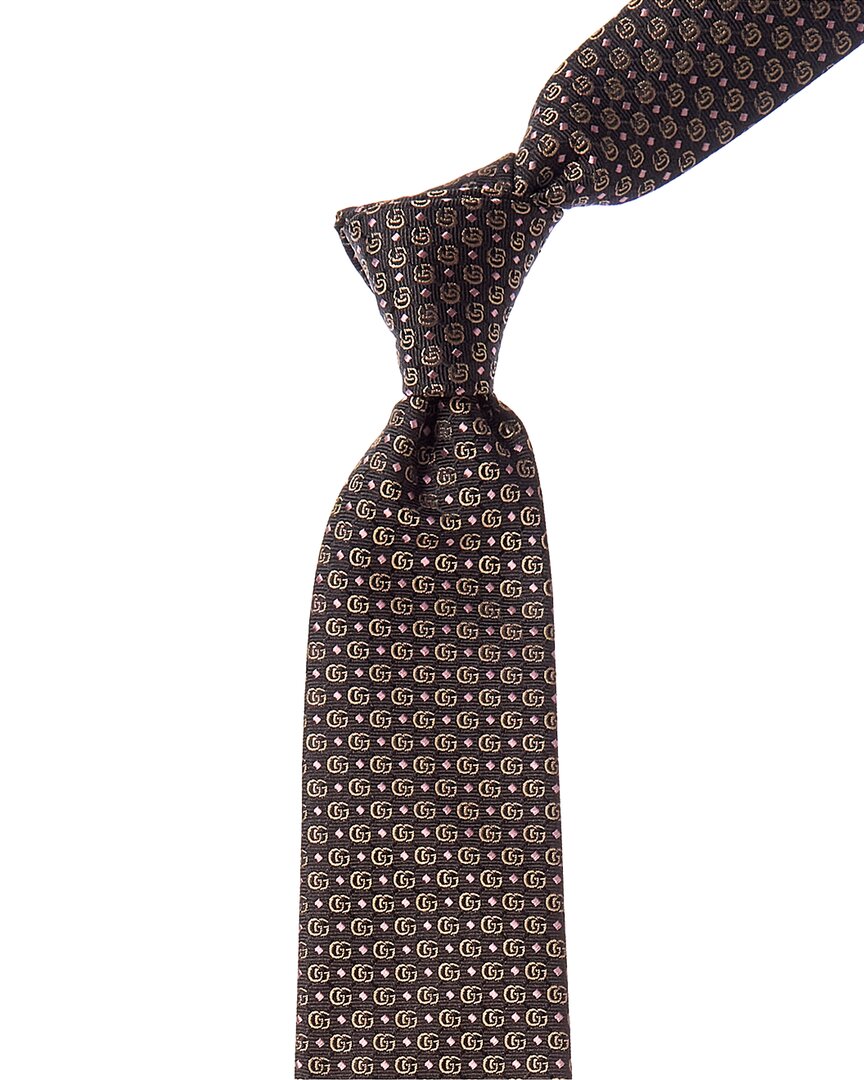 Gucci Double G Jacquard Silk Tie In Brown