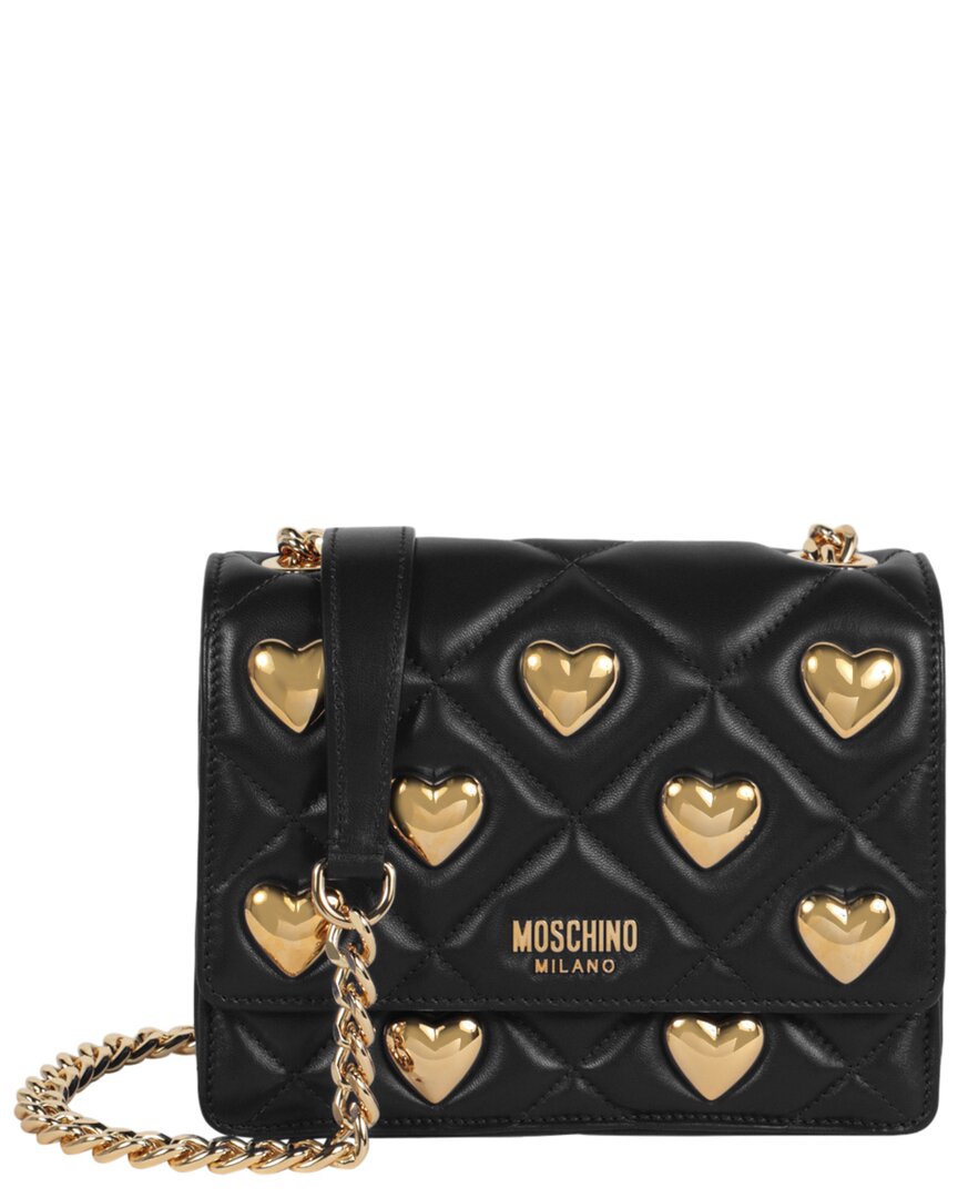 Moschino Heart Studs Quilted Leather Crossbody In Black