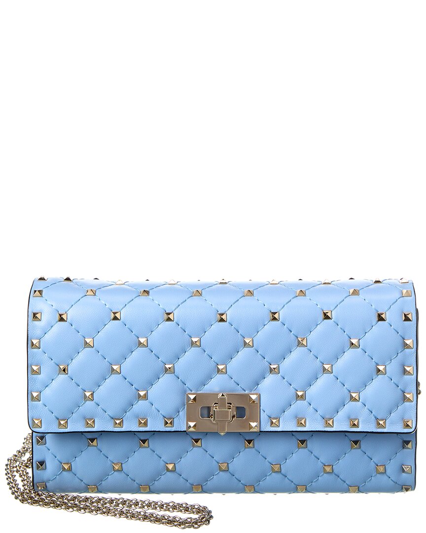Valentino Garavani Valentino Rockstud Spike Leather Wallet On Chain In Blue