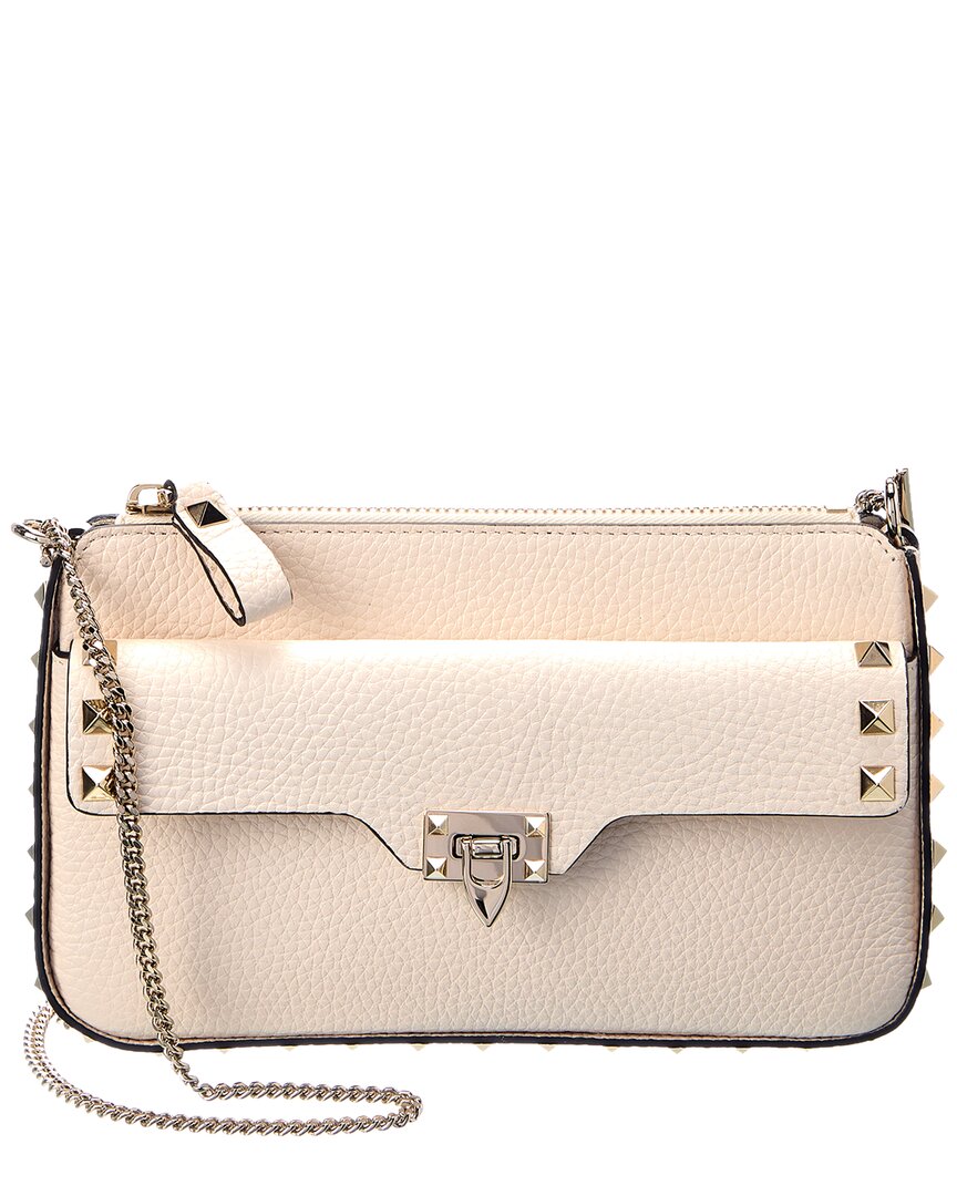 Shop Valentino Rockstud Grainy Leather Wallet On Chain In White