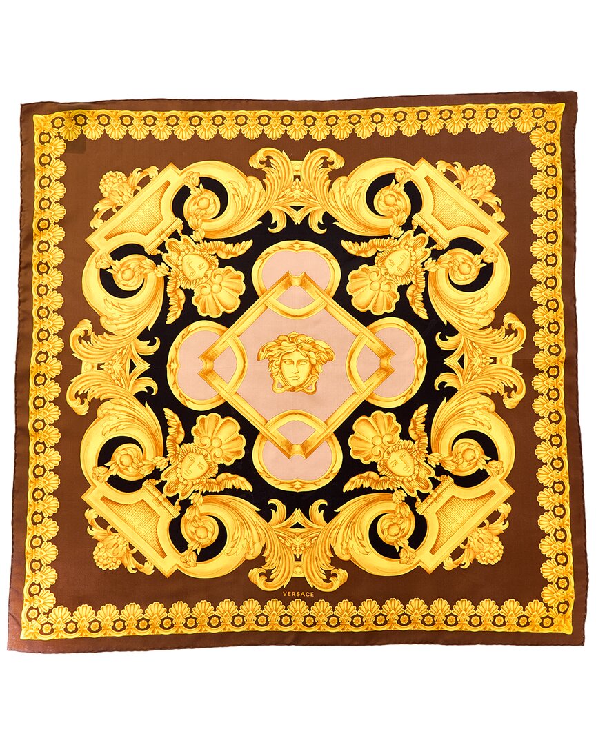 Versace Baroque Pattern-print Silk Scarf In Brown