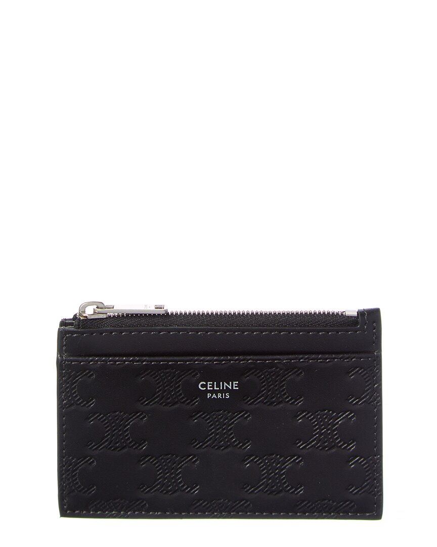 Celine Triomphe Embossed Zipped Leather Card Holder In Black