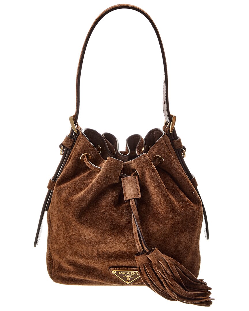 Prada Logo Suede Bucket Bag In Brown