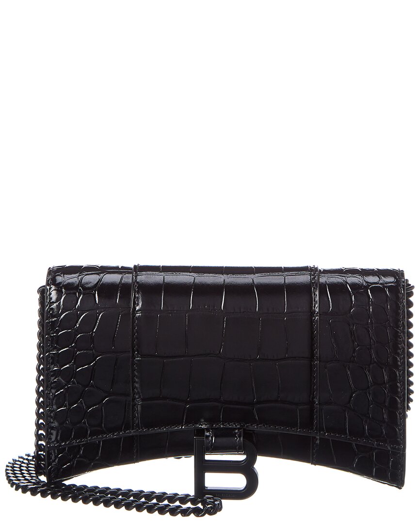 Balenciaga Hourglass Croc-embossed Leather Wallet On Chain In Black