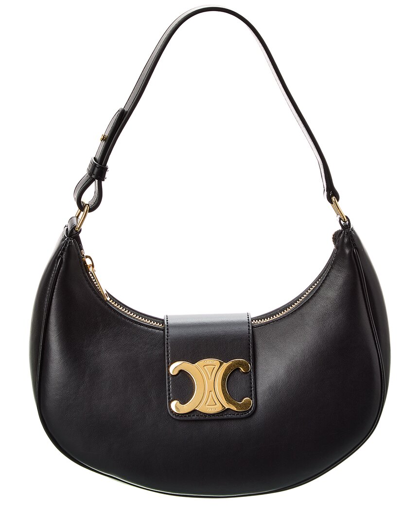 Celine Ava Triomphe Medium Leather Hobo Bag In Black