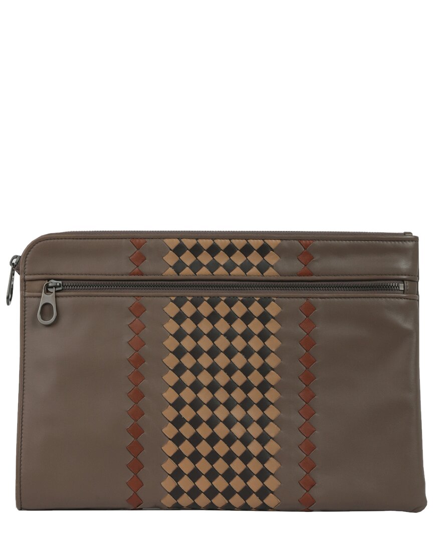 Bottega Veneta Intrecciato Leather & Canvas Clutch In Silver