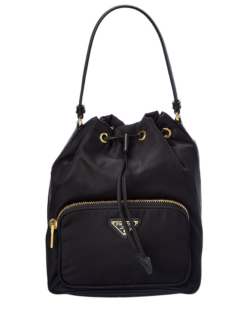 Prada Logo Duet Nylon Bucket Bag In Black | ModeSens