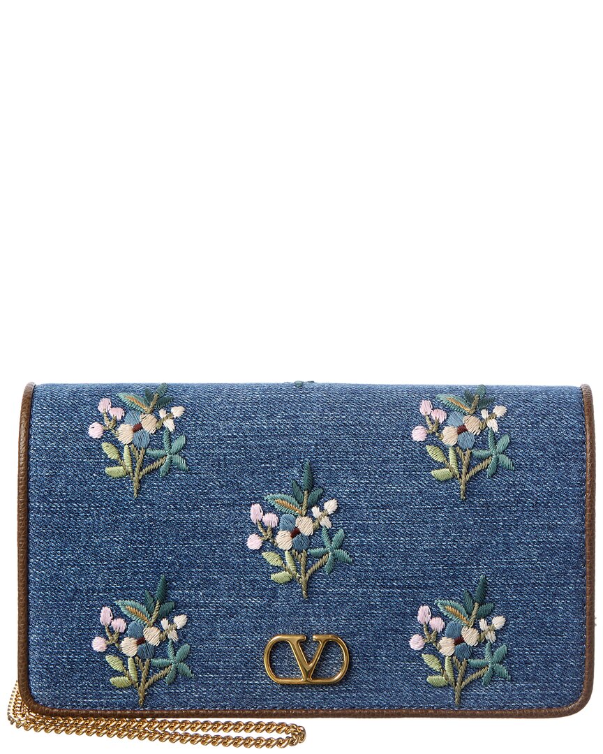 Valentino Garavani Valentino Vlogo Signature Mini Leather & Denim Wallet On Chain In Brown