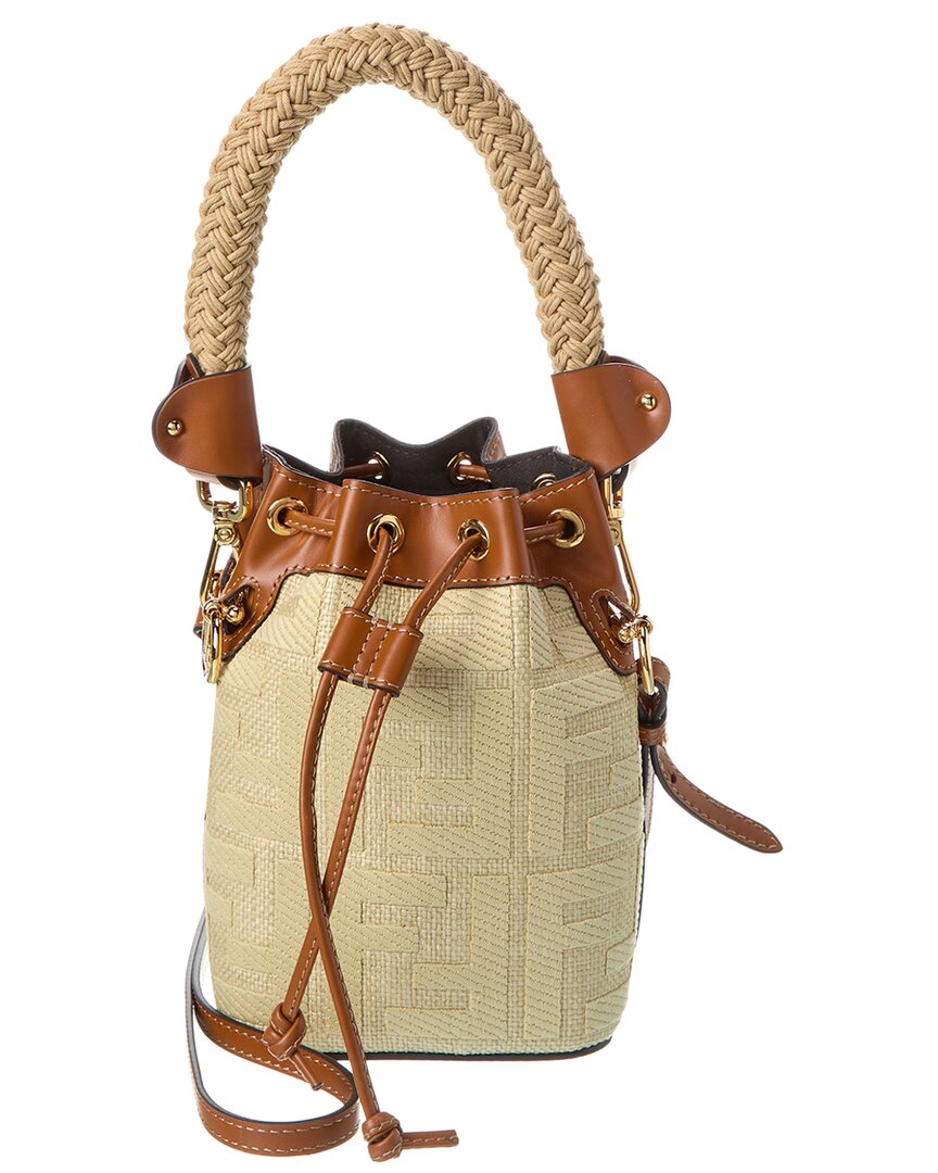 Shop Fendi Mon Tresor Mini Ff Raffia & Leather Bucket Bag In Brown