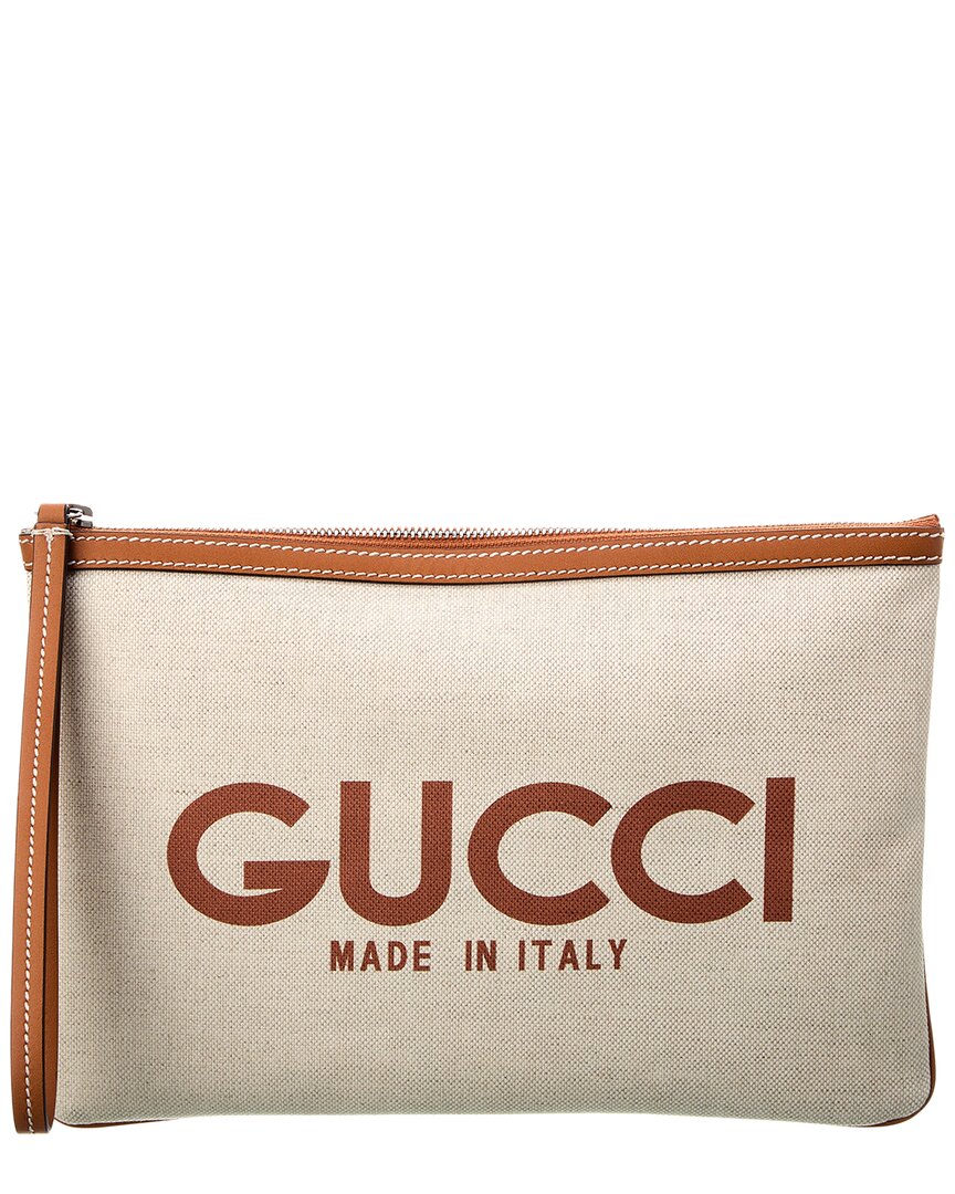 Shop Gucci Print Canvas & Leather Pouch In White