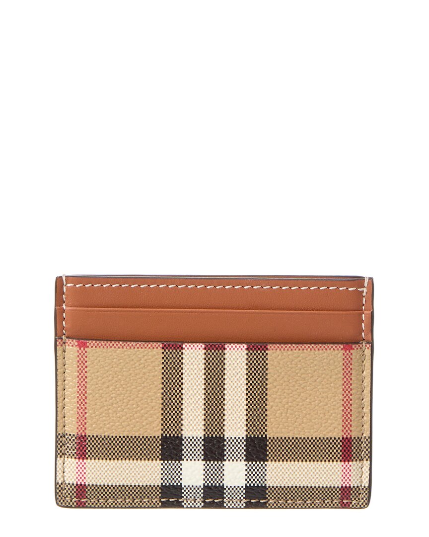 BURBERRY: credit card holder in leather and E-canvas check - Beige