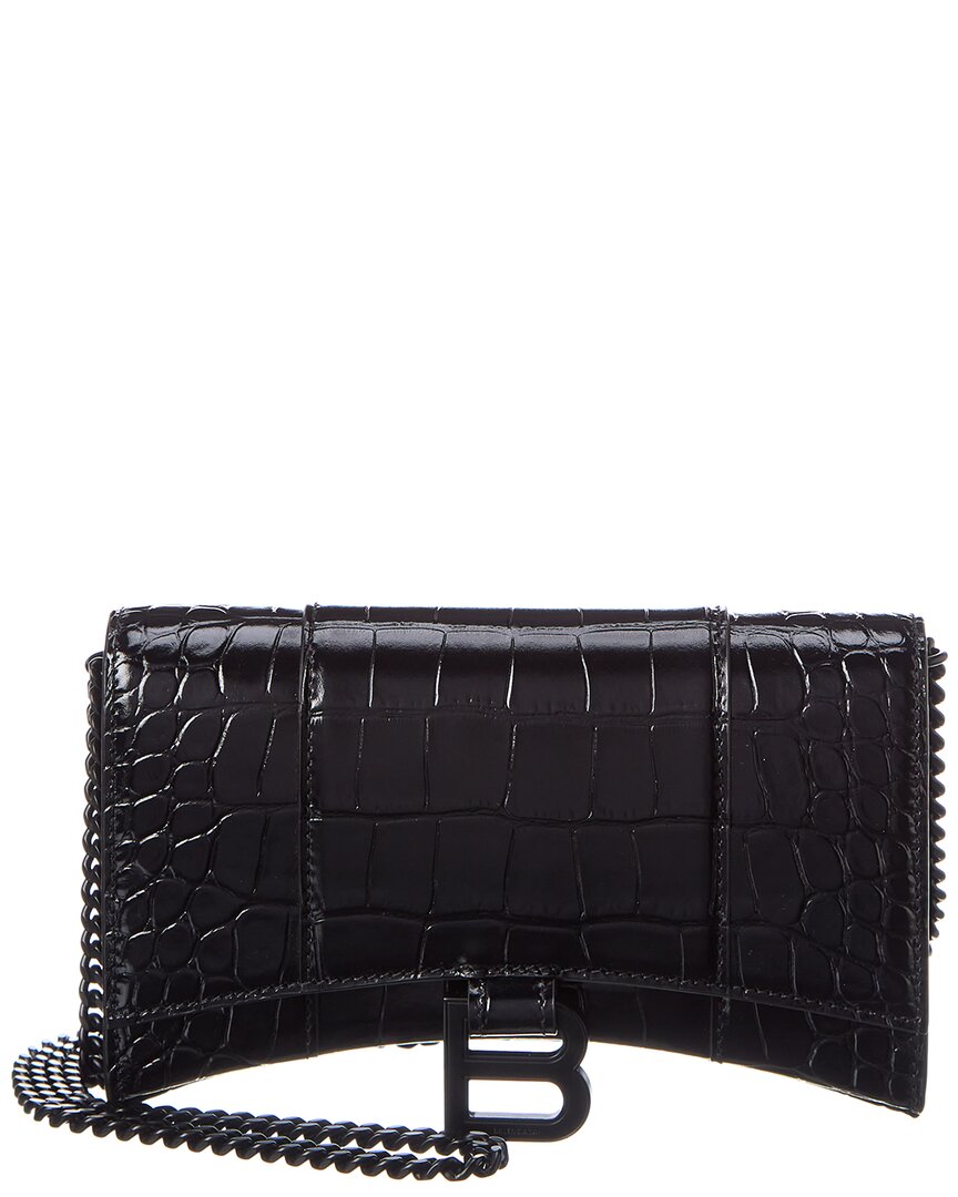 Shop Balenciaga Hourglass Croc-embossed Leather Wallet On Chain In Black