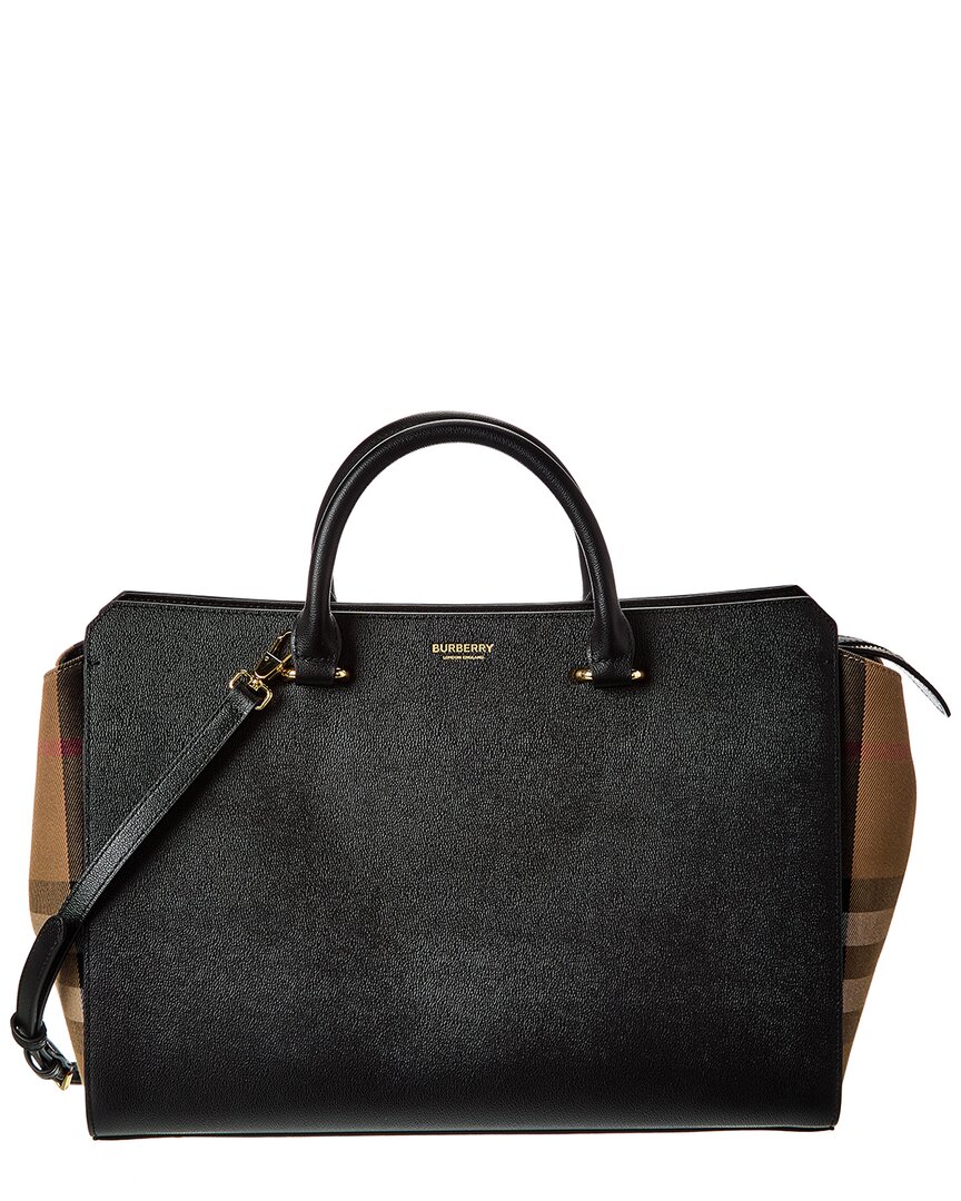 Burberry Banewell Medium Leather & Check Canvas Satchel In Black