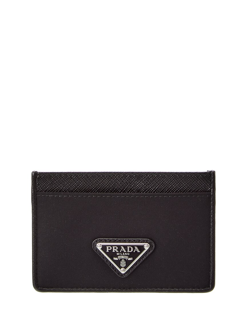 Prada Logo Canvas & Saffiano Leather Card Case In Black