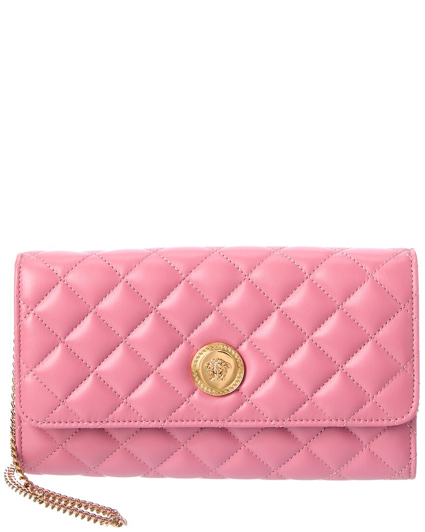 Versace Iconic Leather Wallet On Chain In Pink