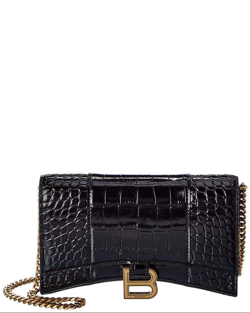 Balenciaga Hourglass Croc-embossed Leather Wallet On Chain In Black