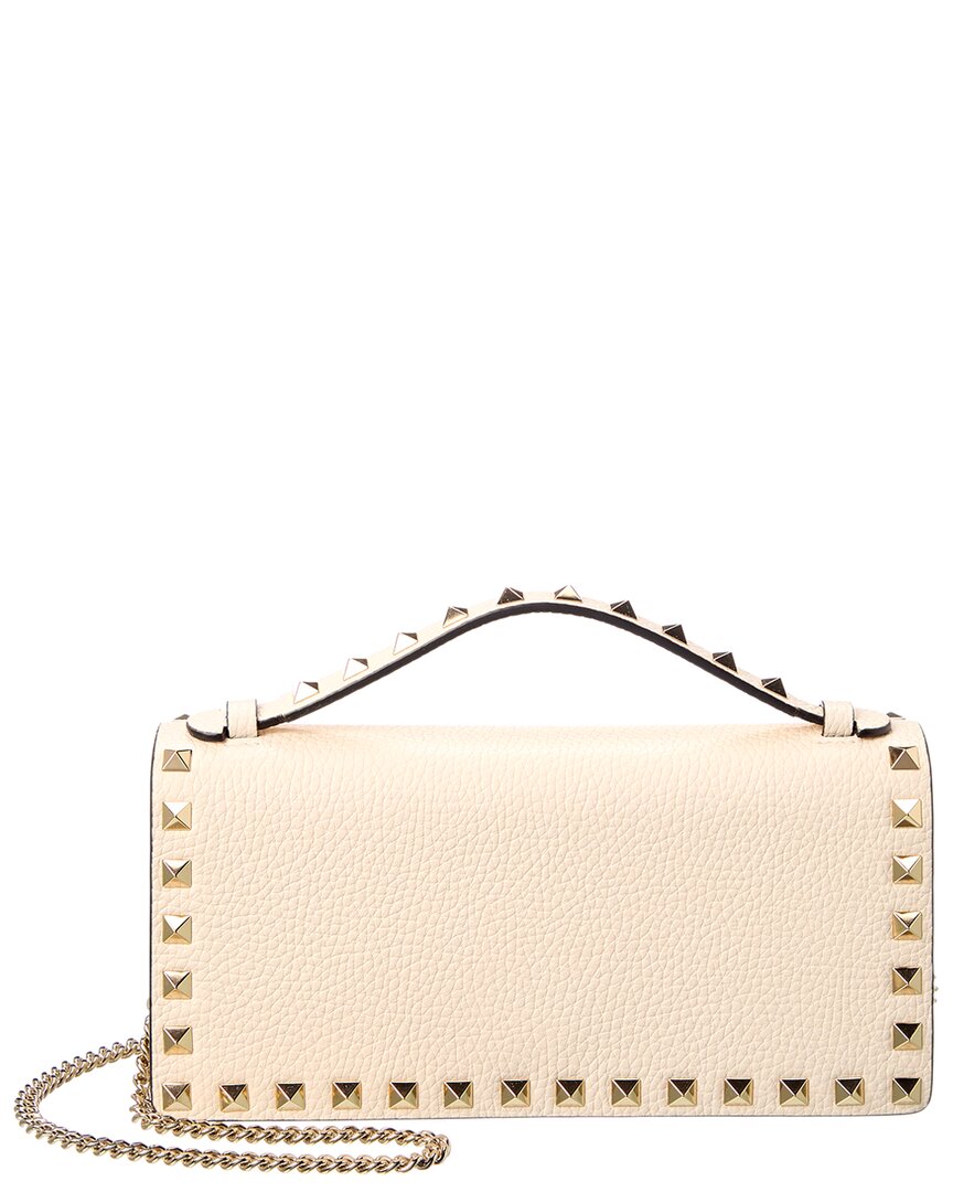 Valentino Garavani Valentino Rockstud Grainy Leather Wallet On Chain In White