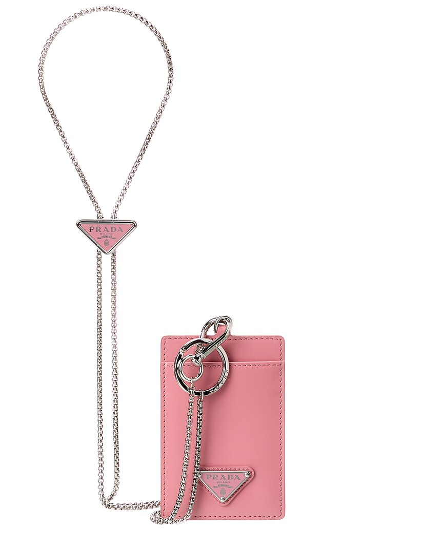 Prada Logo Leather Card Case On Chain In Pink
